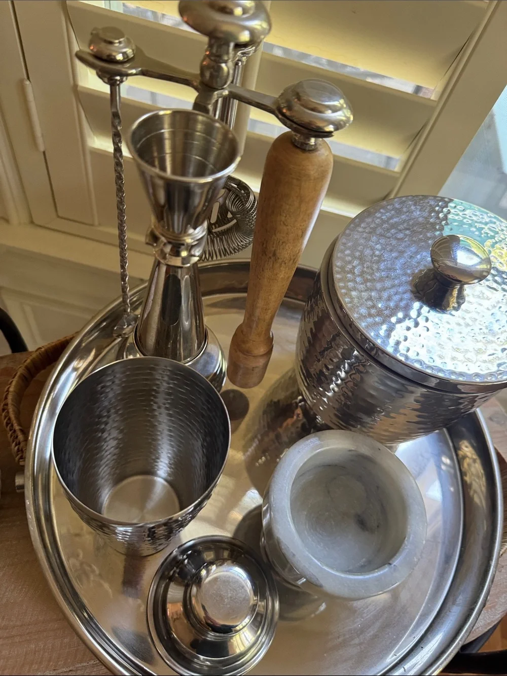 Pottery Barn Hammered Silver Barware Set with Marble Muddler